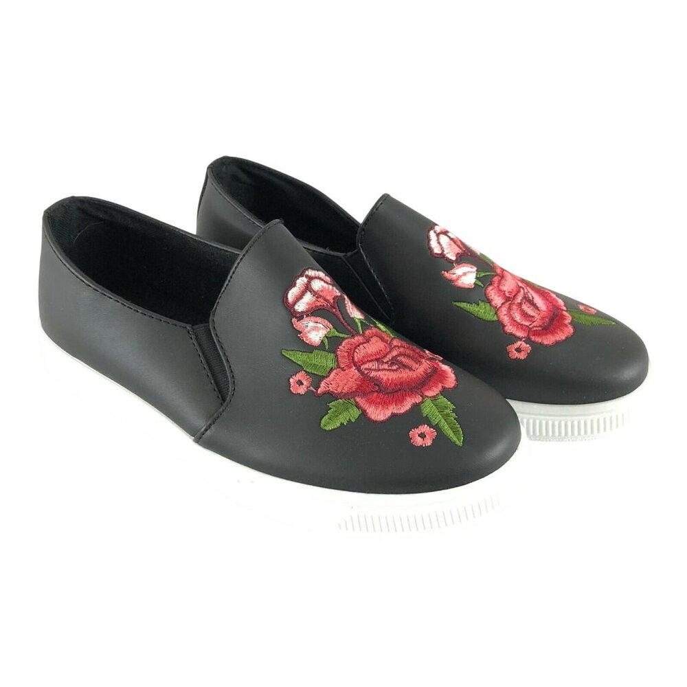 Refresh Womens Slip On Sneakers Embroidered Floral Faux Leather Black Size 6.5